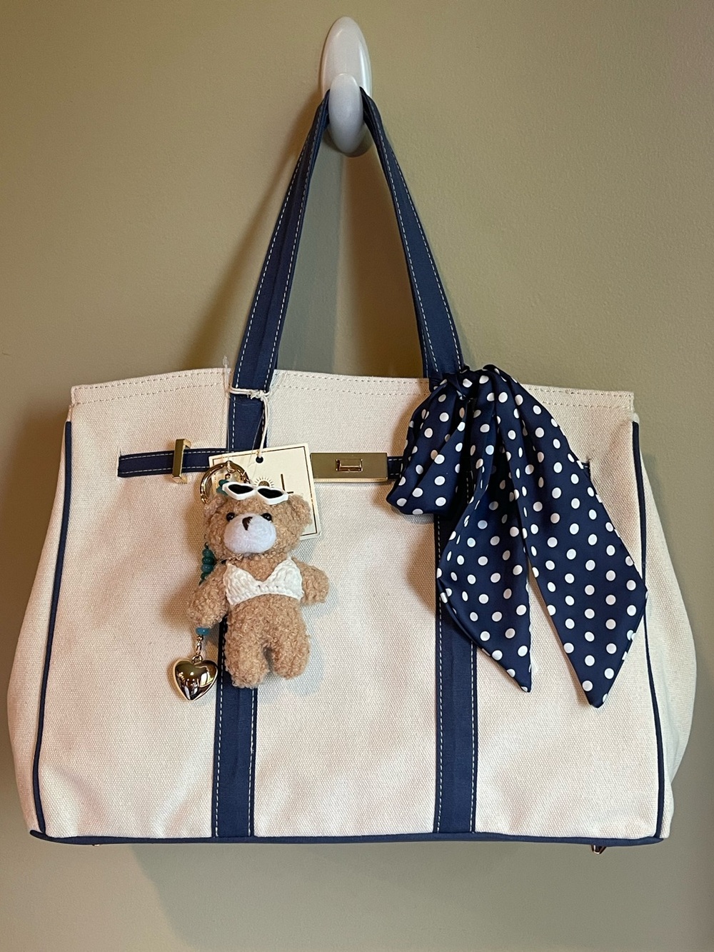 Cream and Navy Canvas Tote with Polka Dot Scarf